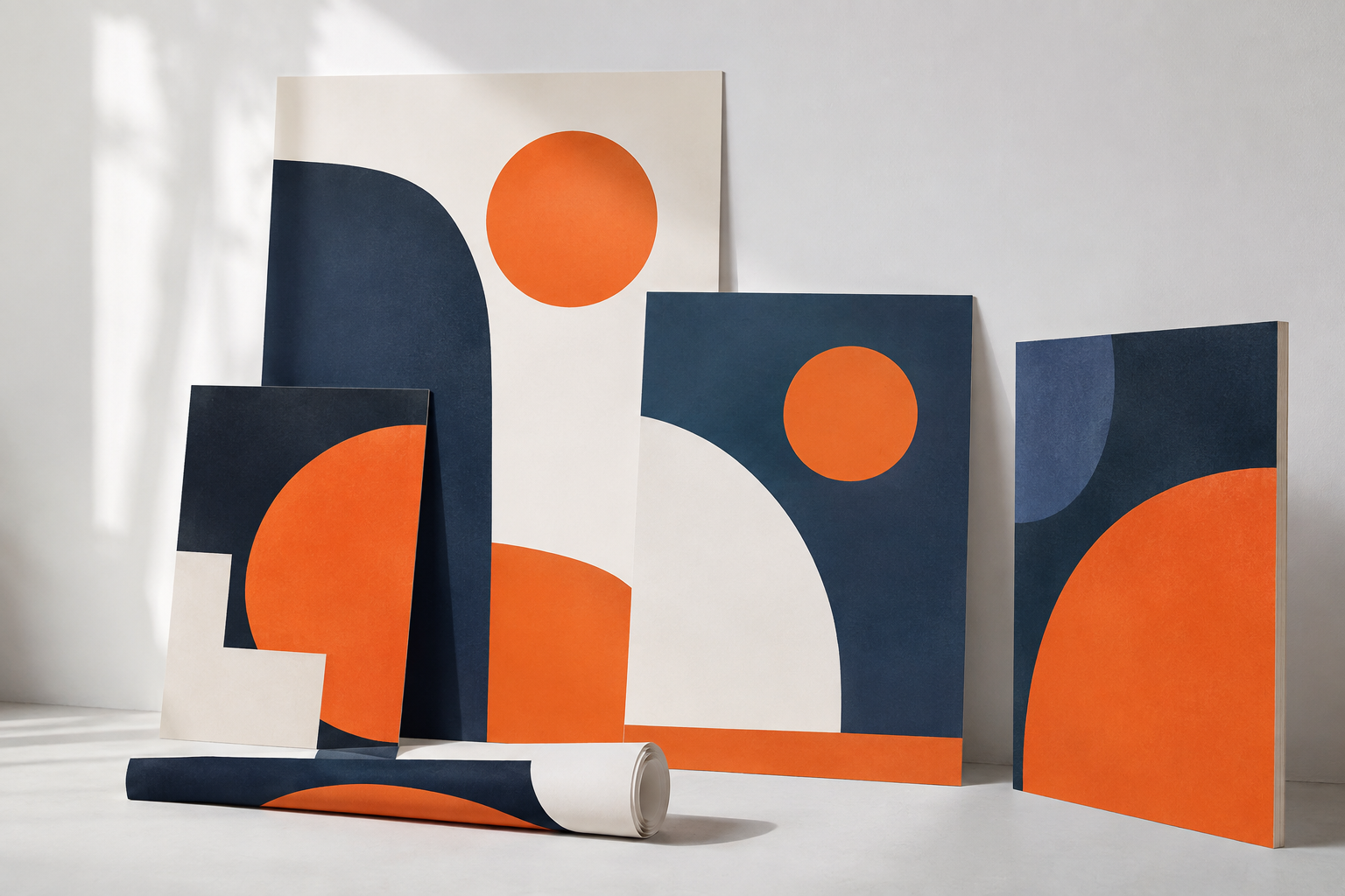 Exemples de créations indigo et orange sur papier et panneaux rigides